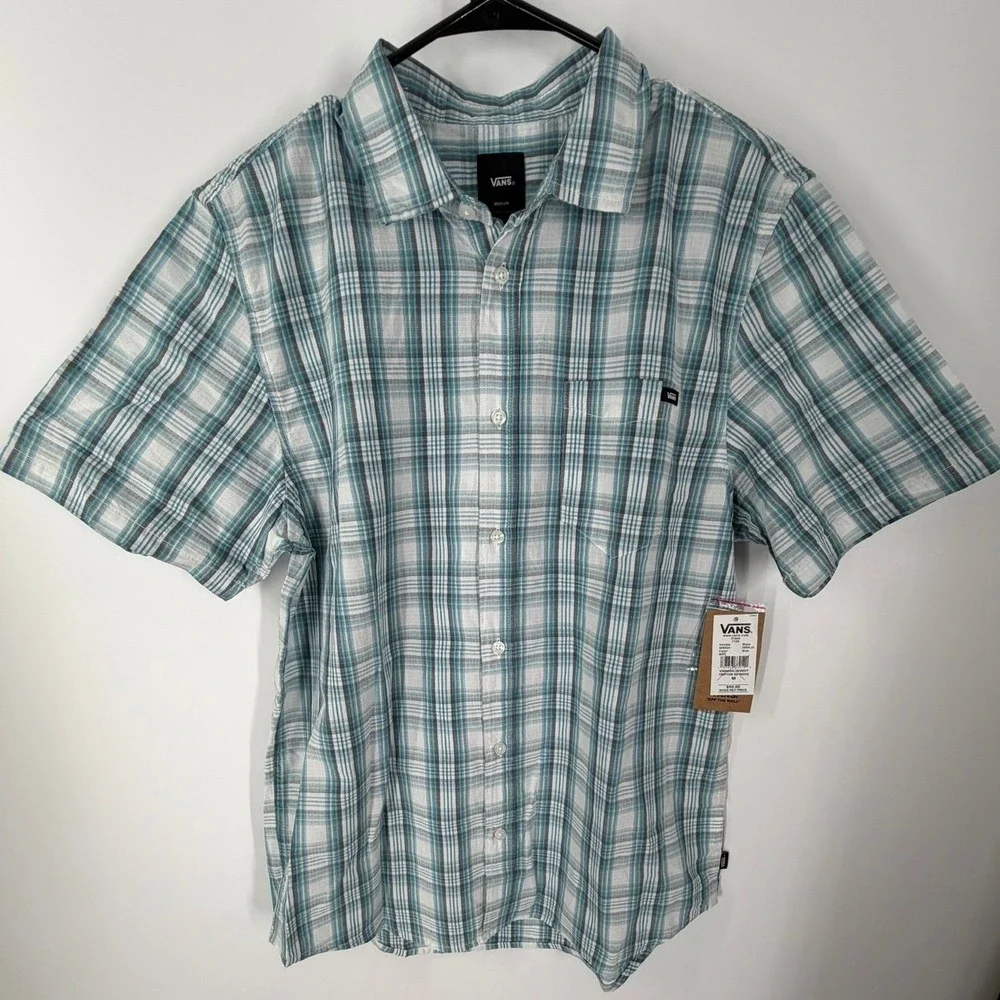 Vans Tripton Mens Teal Blue Plaid Short Sleeve Button Down Shirt Men Size Medium